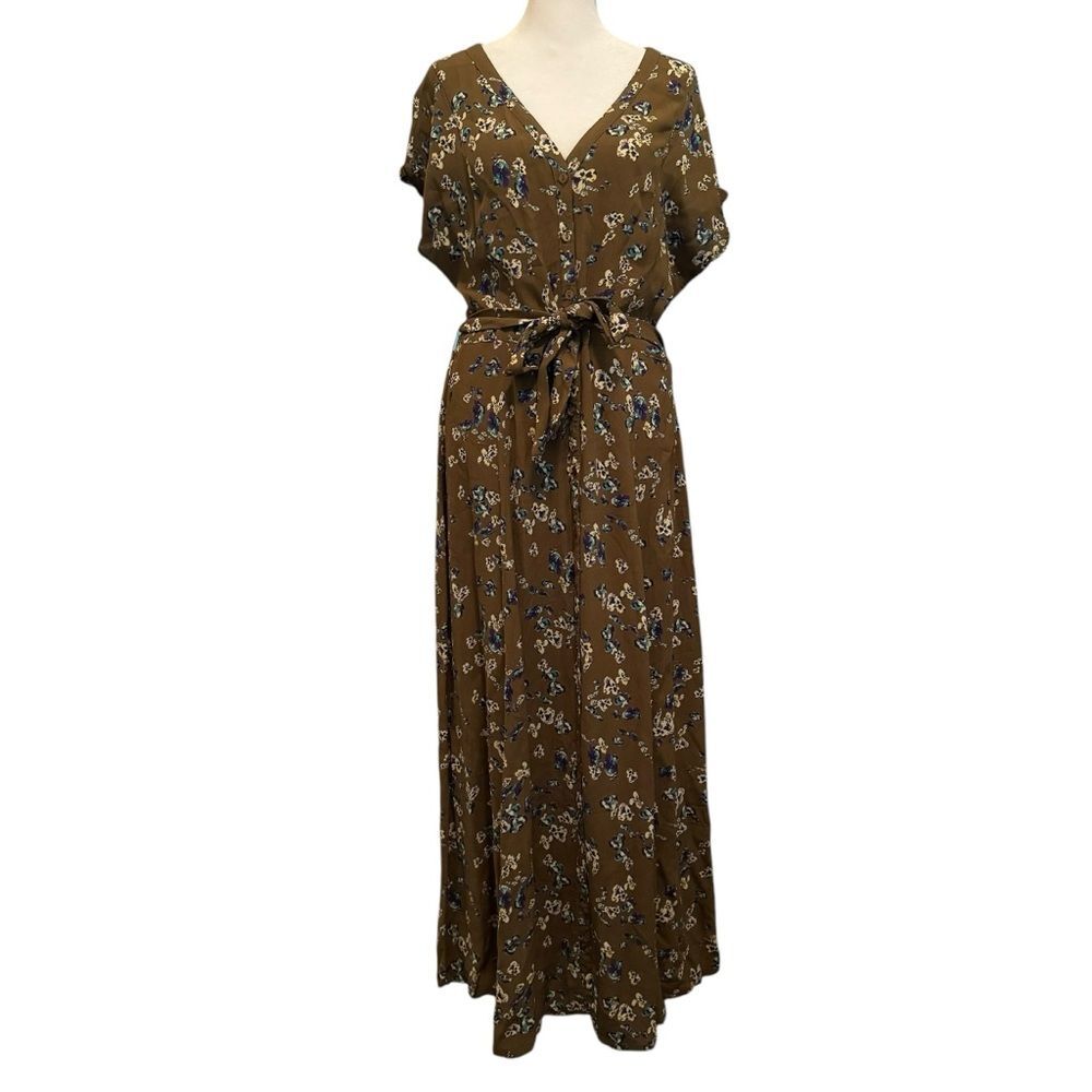 Bar III Maxi Dress Size Large Brown Cream Purple Teal Belted Floral V-neck Flowy